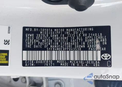 2023 Toyota Corolla Le z USA, uszkodzony, nr VIN 5YFB4MDE8PP043530